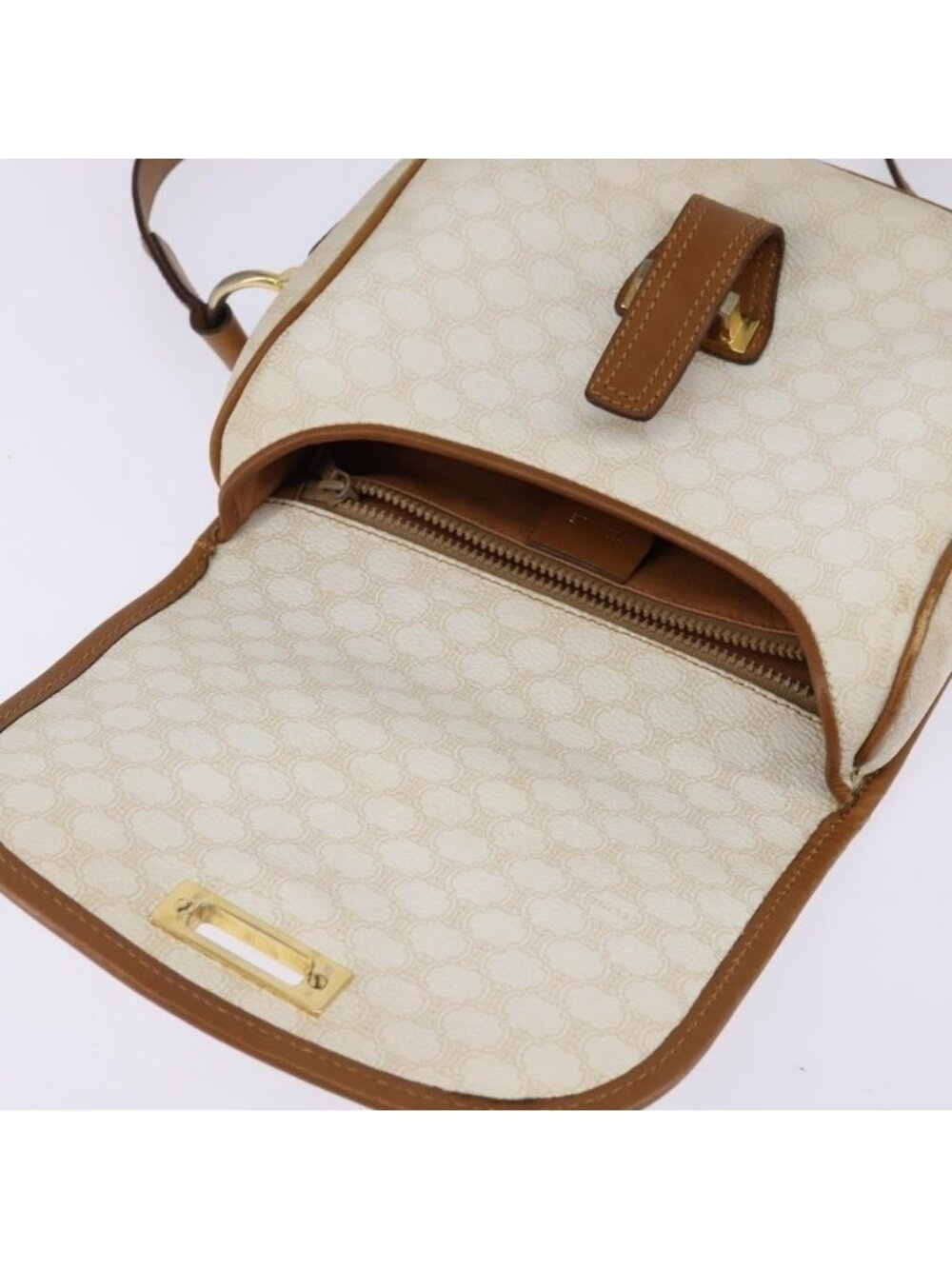 Authentic CELINE Macadam Canvas Shoulder Bag PVC Leather White Gold - Picture 2 of 16